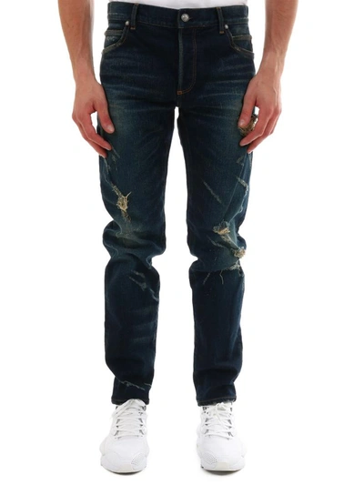 Shop Balmain Tear Jeans In Blue