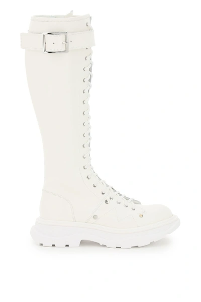 Shop Alexander Mcqueen Lace-up Boots With Stitching In Bone Whi Whi Silver