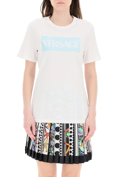 Shop Versace T-shirt With Logo In Bianco Celeste