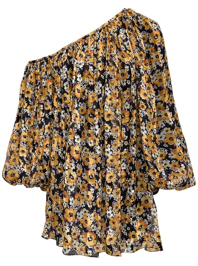 Shop Saint Laurent Floral Silk Asymmetrical Dress In Yellow