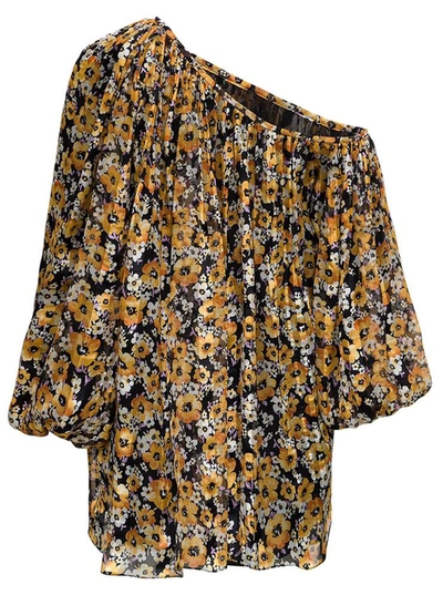 Shop Saint Laurent Floral Silk Asymmetrical Dress In Yellow