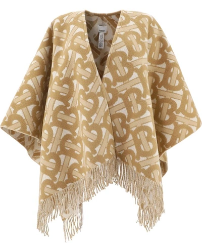 Shop Burberry Fringed Wool Cape In Beige