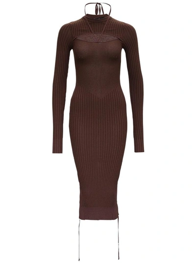 Shop Adamo Cut-out Dress In Brown Ribbed Knit In Beige