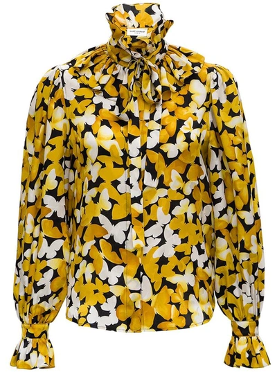 Shop Saint Laurent Floral Silk Blouse In Yellow