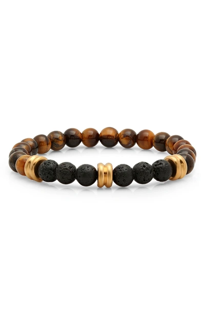 Shop Hmy Jewelry 18k Gold Plate Tiger's Eye & Black Lava Bead Bracelet In Yellow