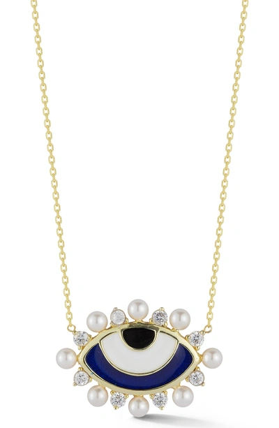 Sphera Milano Yellow Gold Vermeil Cz & Freshwater Pearl Evil Eye Pendant Necklace In Gold