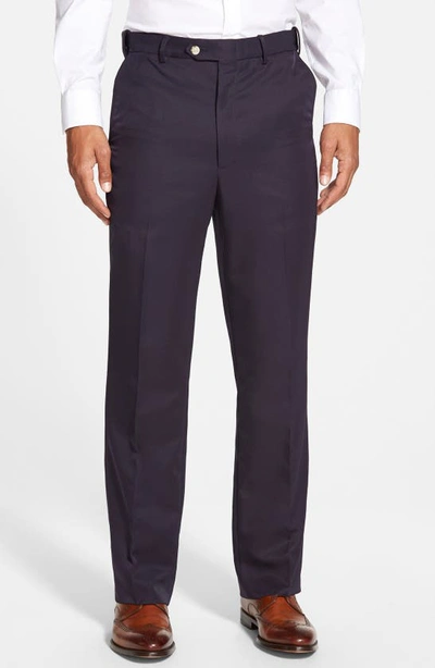 Shop Berle Self Sizer Waist Flat Front Classic Fit Microfiber Trousers In Navy