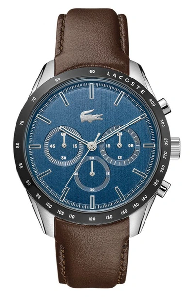 Shop Lacoste Boston Chronograph Leather Strap Watch, 42mm In Blue