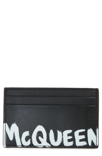 Shop Alexander Mcqueen Graffiti Logo Leather Card Case In Black/ White