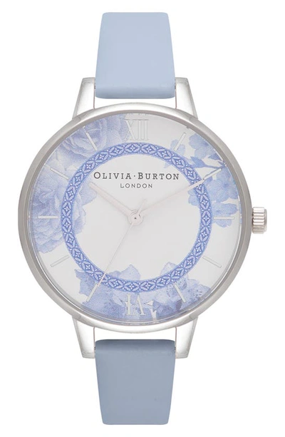 Shop Olivia Burton Tea Party Leather Strap Watch, 34mm In Blue/ White