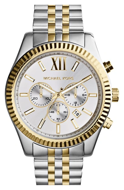 Shop Michael Michael Kors Large Lexington Chronograph Bracelet Watch, 45mm In Silver/ Gold
