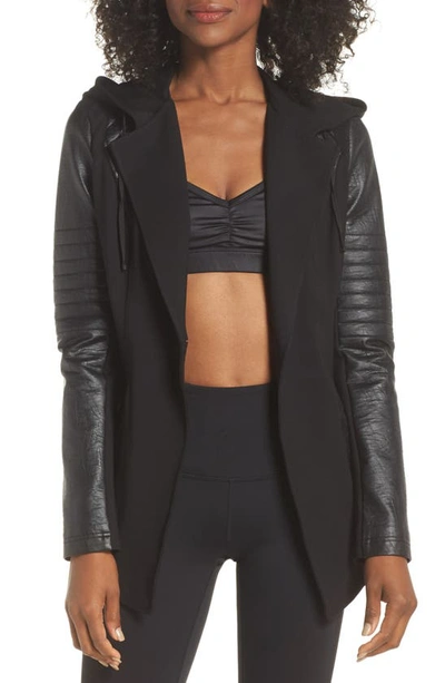 Shop Blanc Noir Hooded Moto Blazer With Faux Leather Sleeves In Black