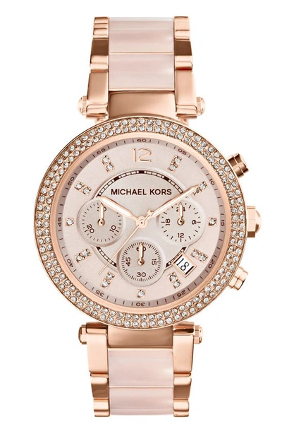 Shop Michael Michael Kors 'parker' Blush Acetate Link Chronograph Watch, 39mm In Rose Gold/ Blush