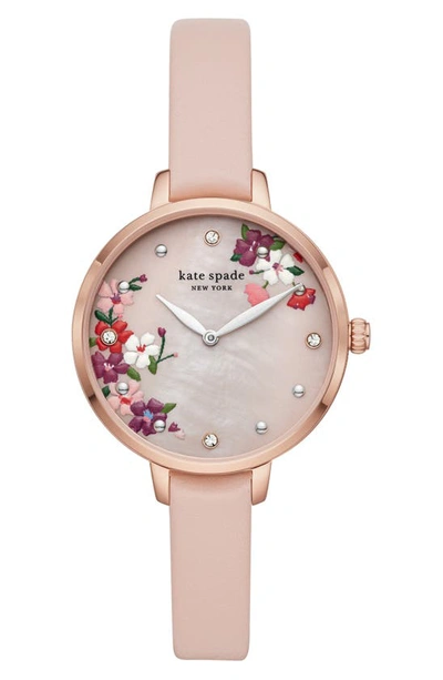 Shop Kate Spade Metro Leather Strap Watch, 34mm In Nude/ Mop/ Rose Gold