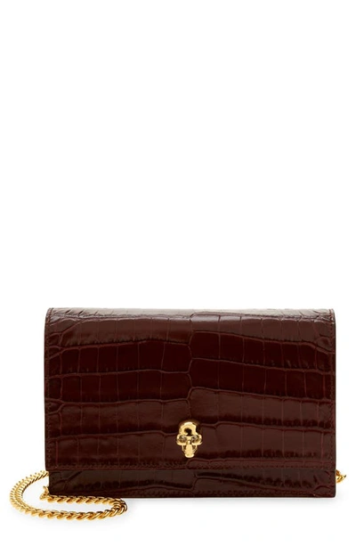 Shop Alexander Mcqueen Mini Skull Croc Embossed Leather Bag In Madder