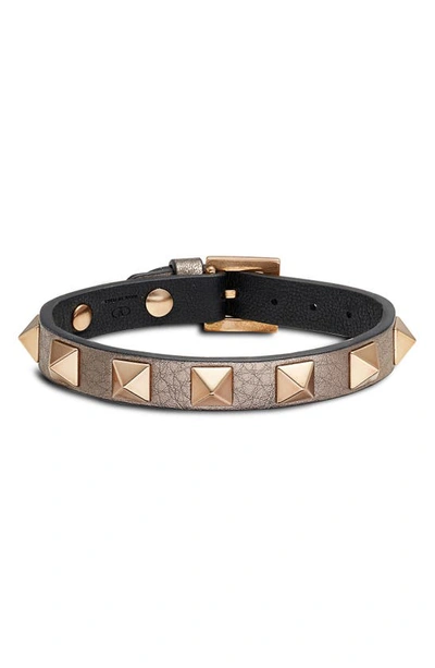 Shop Valentino Rockstud Leather Bracelet In Sasso/ Nero