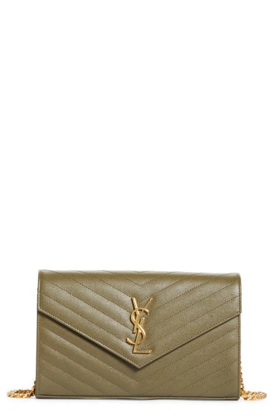 Shop Saint Laurent Large Monogram Quilted Leather Wallet On A Chain In Vert Kaki