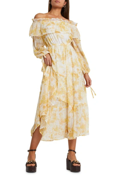 Shop River Island Floral Long Sleeve Off The Shoulder Maxi Dress In Light Yellow