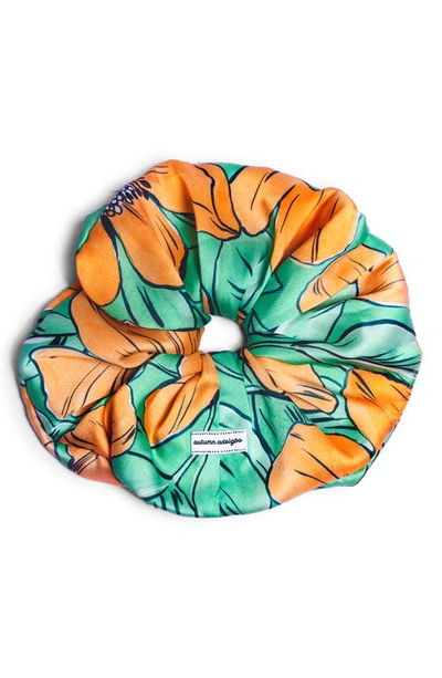 Shop Autumn Adeigbo Floral Scrunchie In Green/ Orange