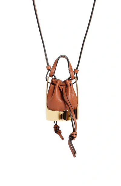 Shop Loewe Balloon Bag Leather Necklace In Tan/ Gold