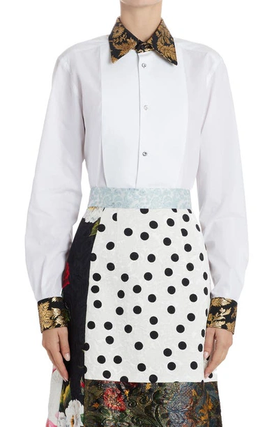 Shop Dolce & Gabbana Brocade Trim Cotton Poplin Tuxedo Shirt In Multi