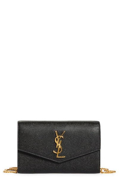 Shop Saint Laurent Uptown Pebbled Calfskin Leather Wallet On A Chain In Nero