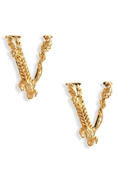 Shop Versace Virtus Monogram Stud Earrings In Warm Gold