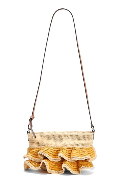 Shop Loewe Paula's Ibiza Pochette Ruffle Raffia Shoulder Bag In Natural/ Orange