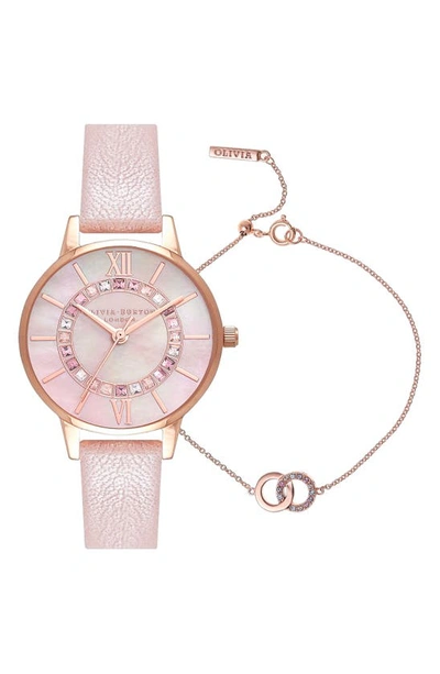 Shop Olivia Burton Wonderland Crystal Leather Strap Watch & Charm Bracelet Set, 30mm In Pink/ White