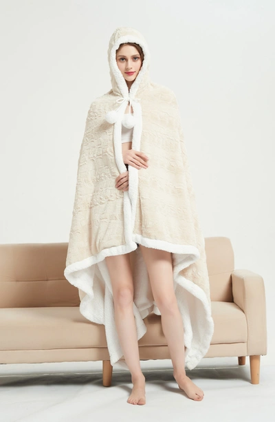 Shop Chic Home Bedding Lanting Animal Pattern Faux Shearling Lined Hooded Snuggle Wearable Blanket In Beige