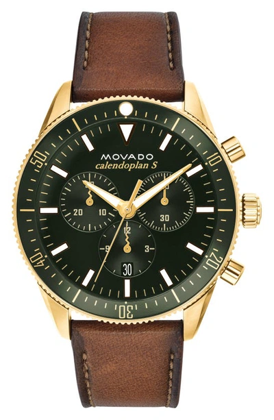 Shop Movado Heritage Chrono Leather Strap Watch, 42mm In Cognac/ Green/ Gold