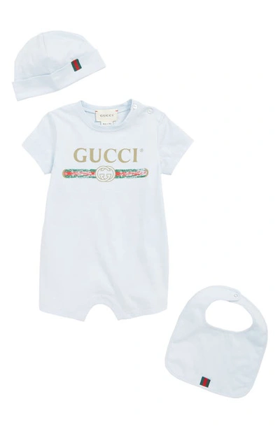 Shop Gucci Romper, Cap And Bib Set In Pale Blue/ Green/ Red