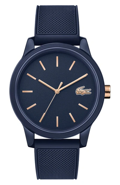Shop Lacoste 12.12 Rubber Strap Watch, 42mm In Navy/ Rose Gold/ Navy