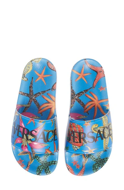 Shop Versace Trésor De La Mer Logo Slide Sandal In Blue Multicolor