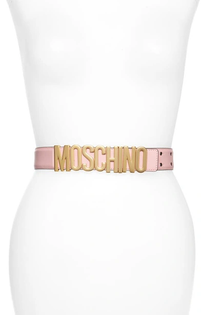 Shop Moschino Logo Plate Leather Belt In Pink/ Gold