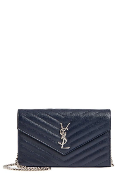 Shop Saint Laurent Monogramme Quilted Leather Wallet On A Chain In Bleu Fonce