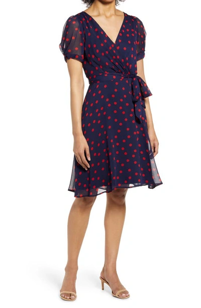 Shop Connected Apparel Polka Dot Chiffon Dress In Navy