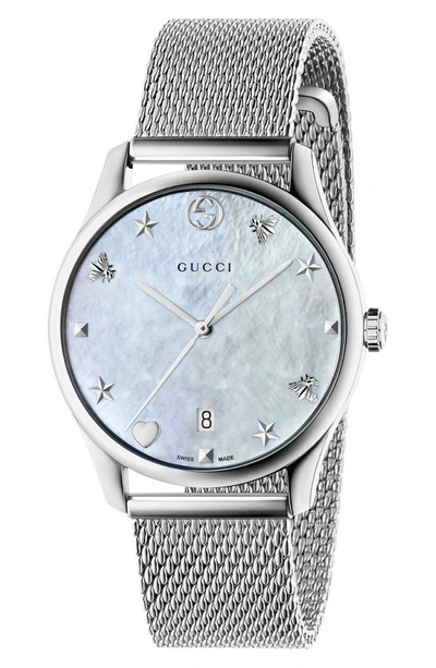 Shop Gucci G-timeless Mesh Bracelet Watch, 36mm In Silver/ Mop/ Silver