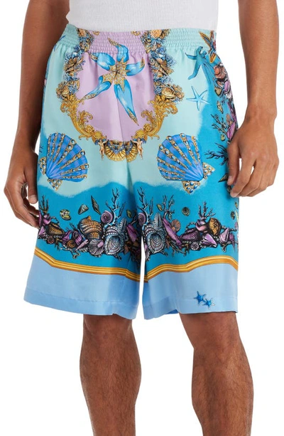 Shop Versace Tresor De La Mer Silk Twill Shorts In Light Blue Blue Mult