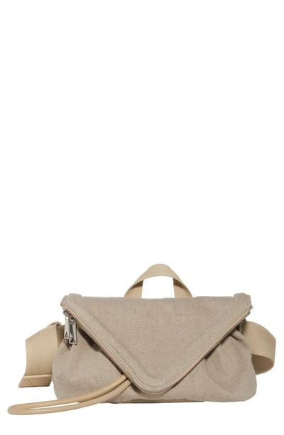 Shop Bottega Veneta Beak Triangle Flap Canvas Belt Bag In Taupe-silver