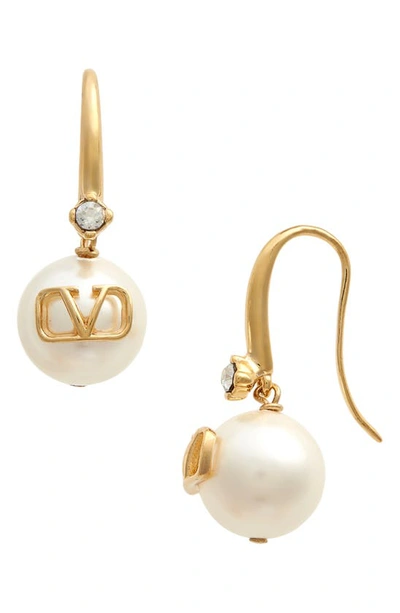 Shop Valentino Vlogo Imitation Pearl Drop Earrings In Oro/ Cream