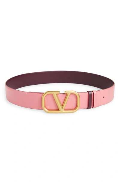 Shop Valentino Garavani Vlogo Buckle Reversible Leather Belt In Flamingo Pink/ Oxblood
