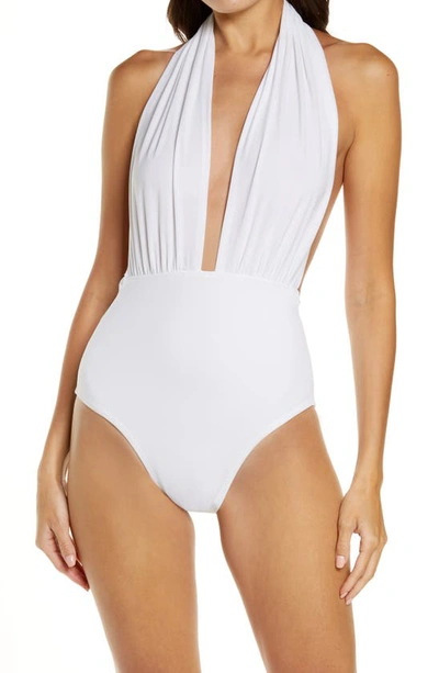 Shop Norma Kamali Halter Low Back One-piece Swimsuit In White