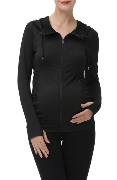 Shop Kimi And Kai Momo Ruched Zip Maternity Hoodie In Black