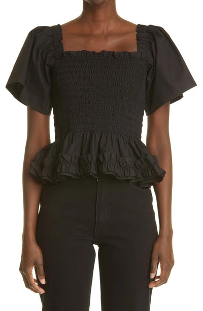 Shop Molly Goddard Smocked Cotton Peplum Top In Black