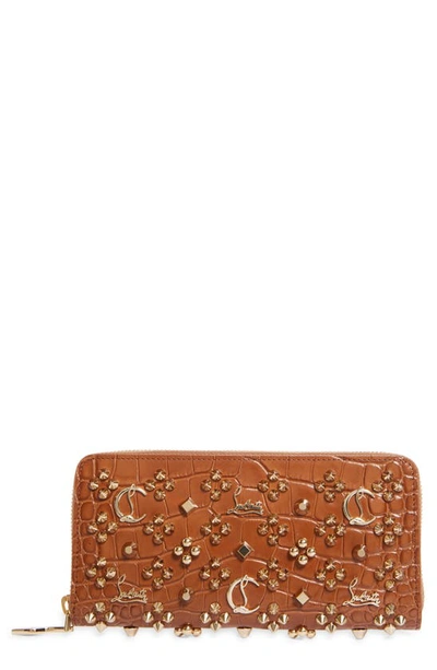 Shop Christian Louboutin Panettone Embellished Croc Embossed Patent Leather Wallet In Biscotto/ Gold