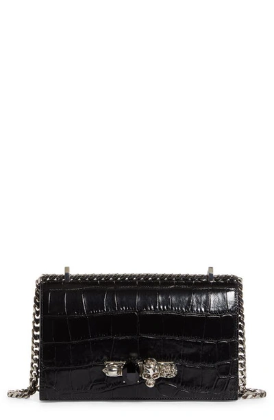 Shop Alexander Mcqueen Jeweled Croc Embossed Leather Crossbody Bag In Black