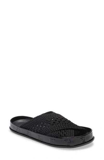 Shop Fendi Woven Ff Logo Slide Sandal In Black