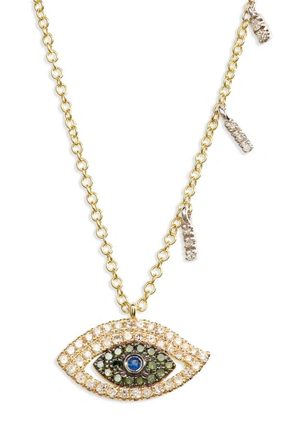 Shop Meira T Evil Eye Sapphire & Diamond Pendant Necklace In Yellow Gold/ Green/ Diamond