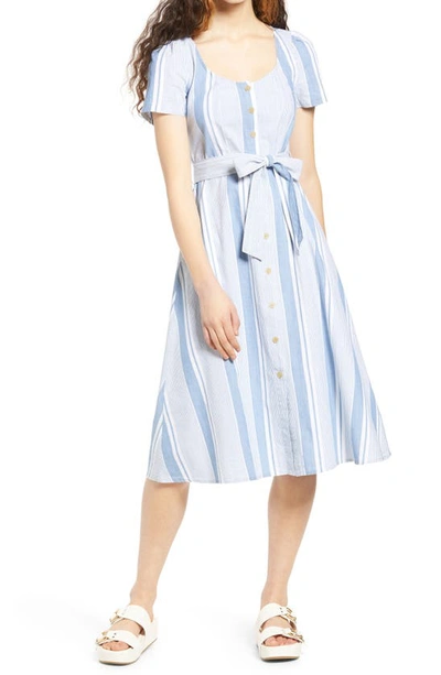 Shop Vero Moda Makela Stripe Cotton Chambray Dress In Light Blue Denim Stripes White